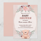 Floral Cute Bear Bébé invitations de douche pour f (Devant / Derrière)