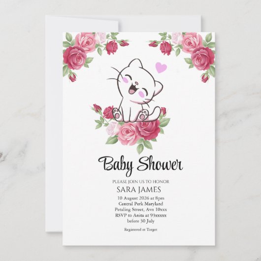 Floral Cute Cat Baby Shower Invitation (Devant)