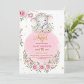 Floral Cute Elephant Girl Baby Shower Invitation (Debout devant)
