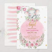Floral Cute Elephant Girl Baby Shower Invitation (Devant / Derrière)