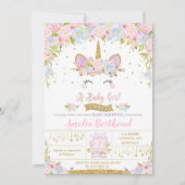 Floral Cute Unicorn Baby shower Invitation fille (Devant)