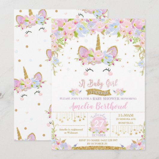 Floral Cute Unicorn Baby shower Invitation fille (Devant / Derrière)