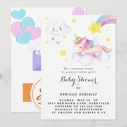 Floral Cute Unicorn Baby shower Invitation fille (Devant / Derrière)