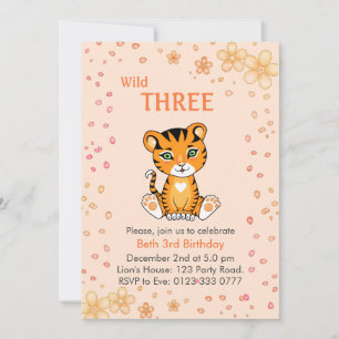 Floral Cute Wild Three Tiger 3rd Birthday Invitati Kaart
