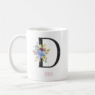 Floral D Monogram Name Black Polka Dot Coffee Mug Koffiemok