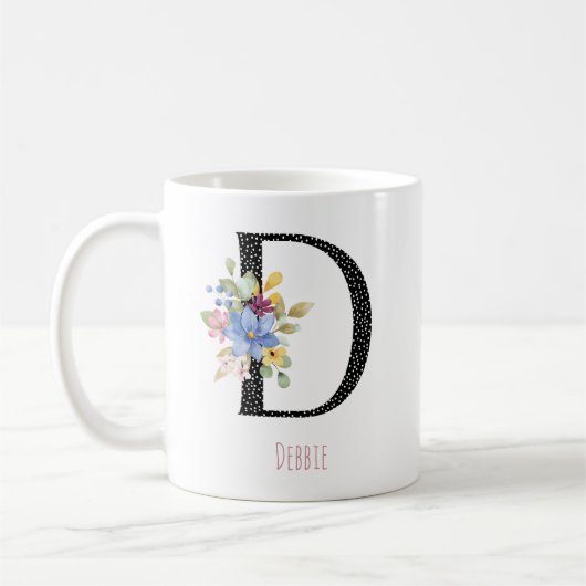 Floral D Monogram Name Black Polka Dot Coffee Mug Koffiemok (Links)