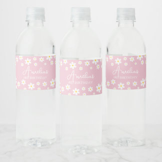 Floral Daisy Pink Party Water Bottle Label Waterfles Etiket