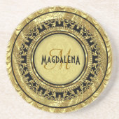 Floral Damascus-monogram, zwart en goud Zandsteen Onderzetter (Voorkant)