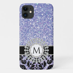 Floral Damask Bling Glitter Blue Silver Monogram iPhone 11 Hoesje