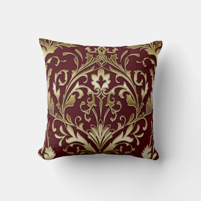 Floral damask Bourgogne en goud, elegant,  Kussen (Voorkant)