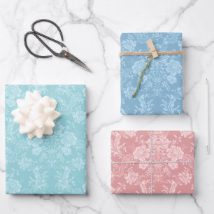  Floral Damask-Pastel Mint, Roze, Blauw Inpakpapier Vel
