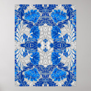 Floral Damask, Sapphire Blue en Grey Poster