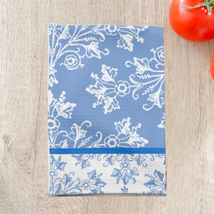 Floral Damask White Cornflower Blue met Border Theedoek