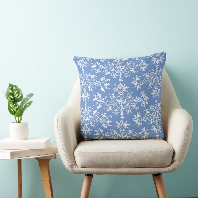 Floral Damask White en Cornflower Blue Kussen (Stoel)