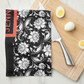 Floral Damaskers, zwart-wit, Theedoek (Quarter Fold)