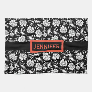 Floral Damaskers, zwart-wit, Theedoek