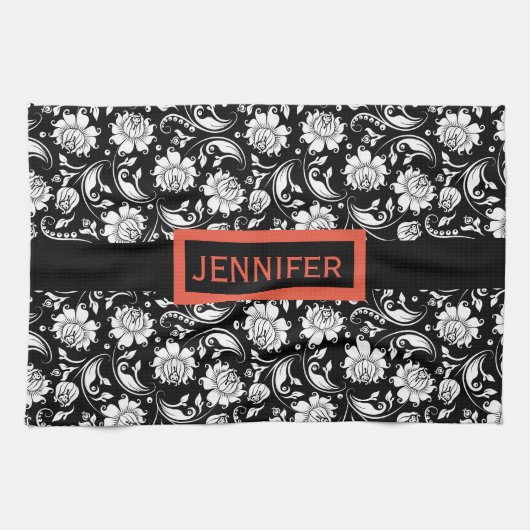 Floral Damaskers, zwart-wit, Theedoek (Horizontaal)