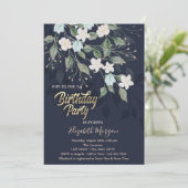Floral Dark Blue Birthday Party Kaart (Staand voorkant)