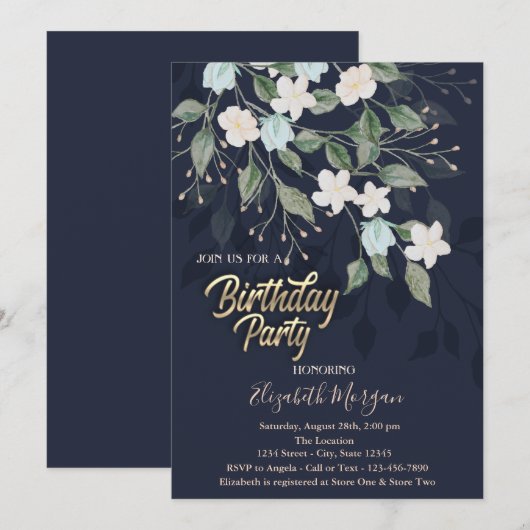 Floral Dark Blue Birthday Party Kaart (Voorkant / Achterkant)
