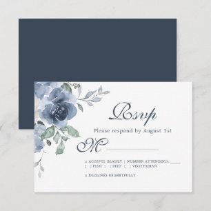 Floral Dark Blue Ivory Roos Wedding RSVP Kaartje