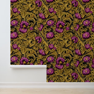 Floral dark moody purple flower Byzantine pattern Behang