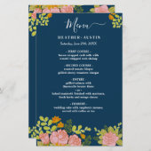 Floral Dark Navy Blue Mariage Botanic Decor Menu (Devant / Derrière)