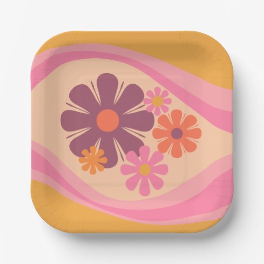 Floral DayDream Retro Flower Pattern Pink Oranje Papieren Bordje (Voorkant)