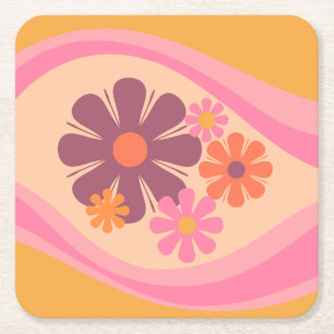 Floral DayDream Retro Flower Pattern Pink Oranje Vierkante Kartonnen Onderzetter
