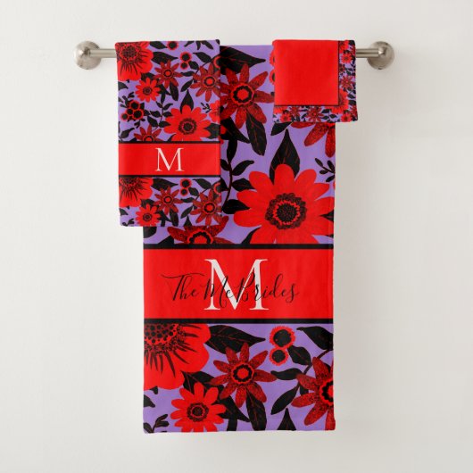 Floral de jungle monogramme rouge, noire et violet (En situation)