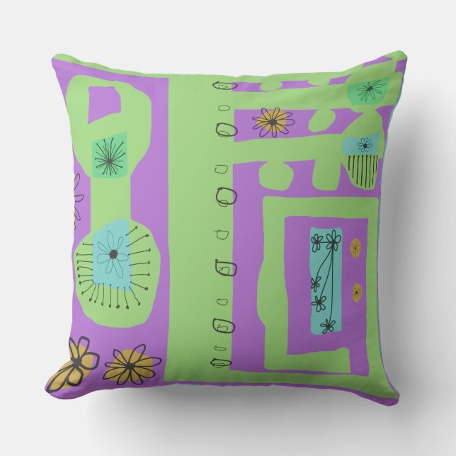 Floral Decal Ethnic Print Green Paars Black Kussen (Voorkant)