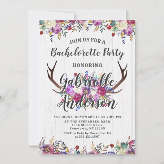 Floral Deer Antler Bachelorette Party Invitation (Devant)