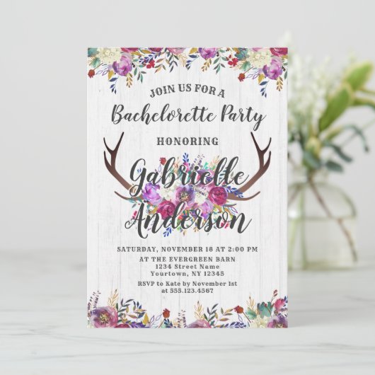 Floral Deer Antler Bachelorette Party Invitation (Debout devant)