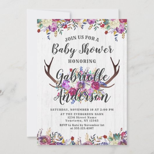 Floral Deer Antler Bouquet Baby shower Invitation (Devant)