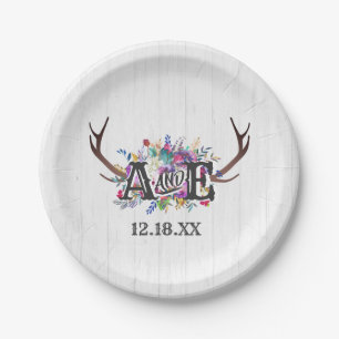 Floral Deer Antler Bouquet Rustic Wedding Monogram Papieren Bordje