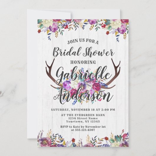 Floral Deer Antler Rustic Bridal Shower Invitation (Devant)