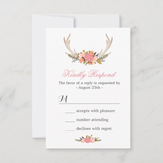 Floral Deer Antler Wedding RSVP Antwoord (Voorkant)