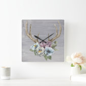 Floral Deer Antlers Vierkante Klok (Huis)