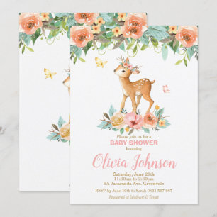 Floral Deer Baby shower Woodland Animals Baby Girl Kaart