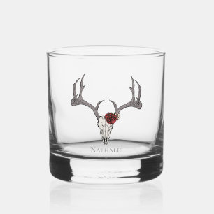 Floral Deer Hoofd Schedel en Rozen Whisky Glas