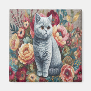 Floral Delight Britse korthaar Cat, Schattigee kit Magneet