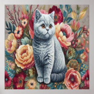 Floral Delight Britse korthaar Cat, Schattigee kit Poster