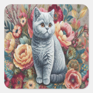 Floral Delight Britse korthaar Cat, Schattigee kit Vierkante Sticker