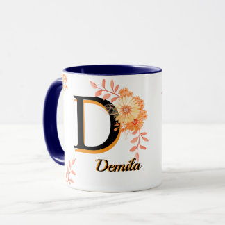 Floral Demila Mug – Elegant Letter D  Coffee Cup