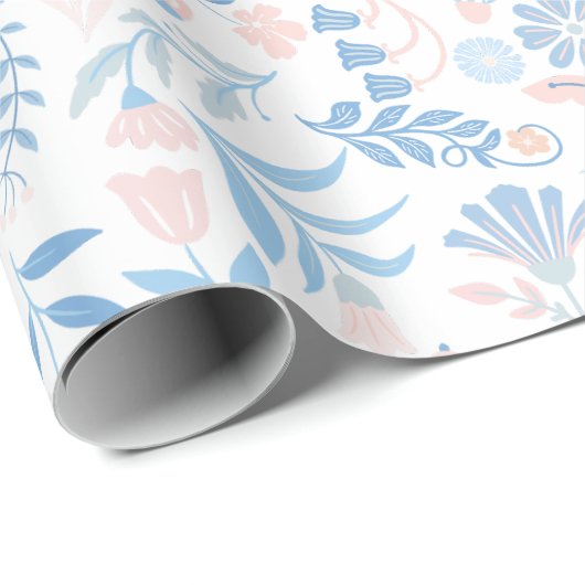 Floral design boho block print blue pink girly cadeaupapier (Rol Hoek)