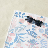 Floral design boho block print blue pink girly strandlaken (In situ)