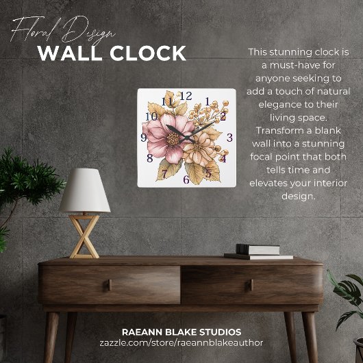 Floral Design Wall Clock Vierkante Klok
