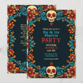 💀 Floral Día de Muertos Party Uitnodiging (Voorkant / Achterkant)