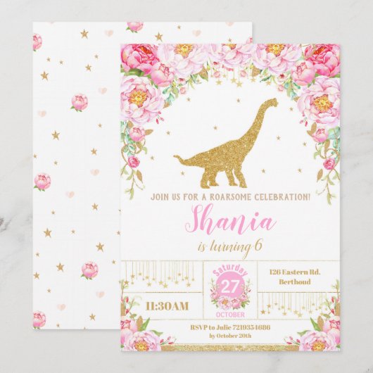 Floral Dinosaur Anniversaire Invitation Girl (Devant / Derrière)