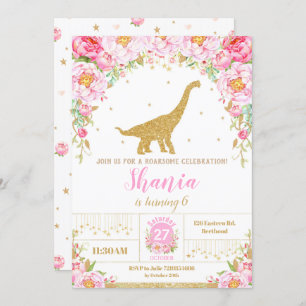 Floral Dinosaur Anniversaire Invitation Girl