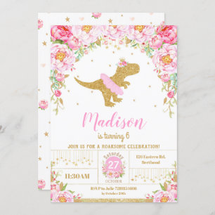 Floral Dinosaur Anniversaire Invitation Girl T-Rex
